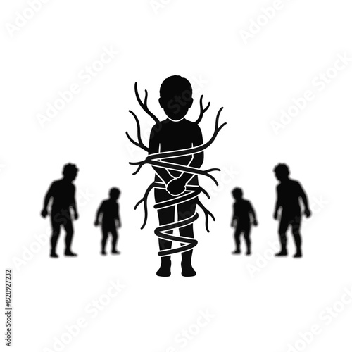 The invisible cage and social isolation concept. Silhouette of a child wrapped in thorny branches. Flat design vector illustration isolated