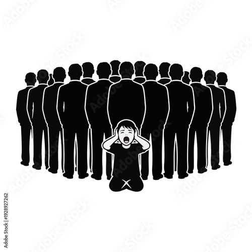 Silenced voice concept with child screaming and indifferent crowd. Silhouette vector illustration of child neglect and social awareness. Isolated on transparent background