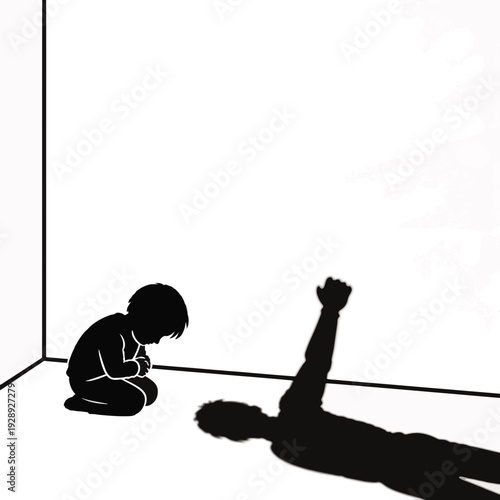 Domestic violence awareness concept with child and threatening shadow. Silhouette vector illustration of child abuse and fear. Isolated on transparent background