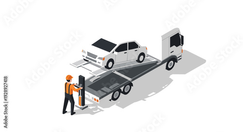 Man Loading Car onto Flatbed Tow Truck.