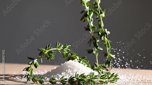 Captivating Thyme Sprigs Jumping Through a Swirl of Sparkling Salt on a Wooden Surface in a Serene Kitchen Setting Generative AI