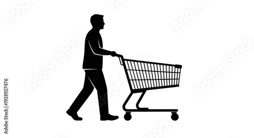 Man Pushing Shopping Cart Silhouette Illustration.