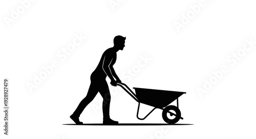 Man Pushing Wheelbarrow Silhouette Illustration.
