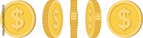 Four golden dollar coins with embossed dollar signs shown from different angles and sides yellow