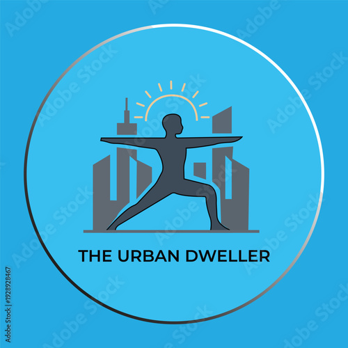 The Urban Dweller: Silhouette of Person in Yoga Warrior Pose with Cityscape and Rising Sun