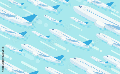 上昇するたくさんの飛行機のポップな青色背景_横