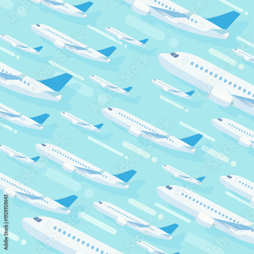 上昇するたくさんの飛行機のポップな青色背景_正方形