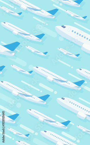上昇するたくさんの飛行機のポップな青色背景_縦