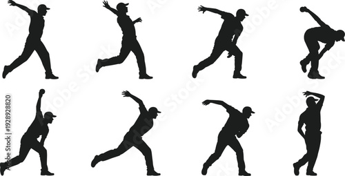 Silhouettes of baseball players in various throwing and catching positions
