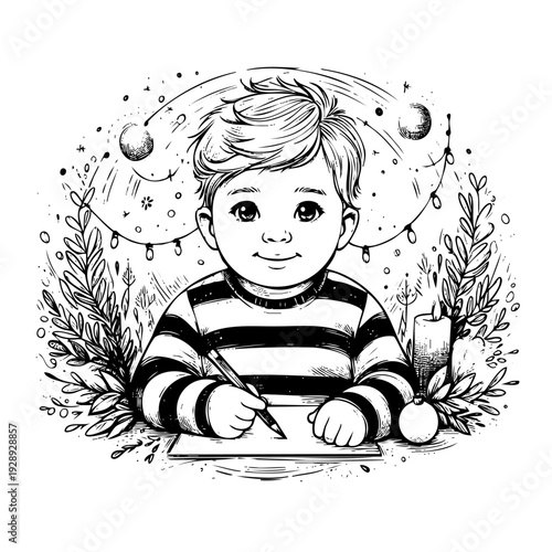 Boy is drawing on a piece of paper. He is smiling and seems to be enjoying himself