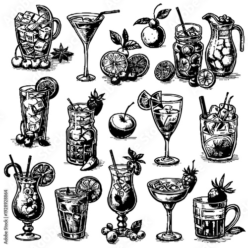 Collection of various drinks in glasses, including martinis, cocktails, and fruit juices. The drinks are arranged in a way that suggests a party or social gathering