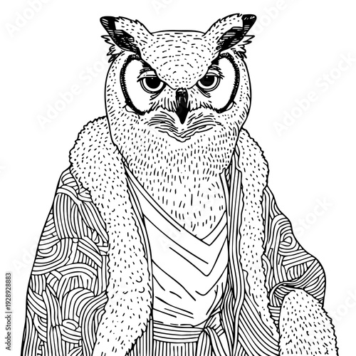 Black and white drawing of an owl wearing a robe. The owl has a serious expression on its face