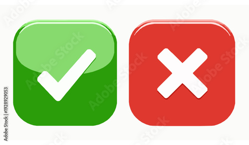 Glossy green check and red cross square icons vector