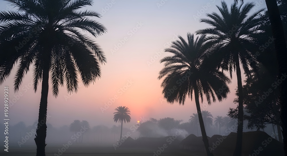 Obraz premium Silhouetted palm trees against a vibrant sunrise over a misty landscape