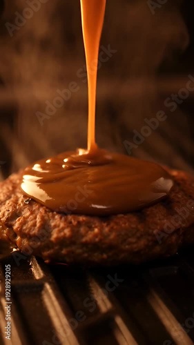 Melted sauce Pouring Over Grilled Burger Patty in Oven, 