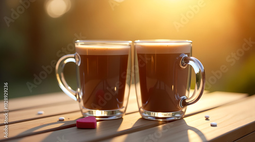 Glass Cups of Coffee with Heart Cookie and Golden Bokeh