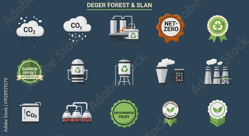 Carbon Emission Reduction and Net Zero Icon Set