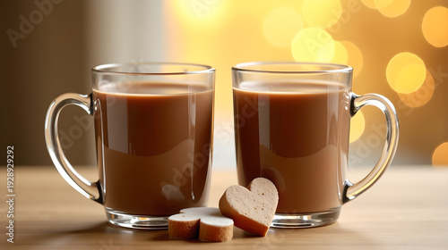Glass Cups of Coffee with Heart Cookie and Golden Bokeh