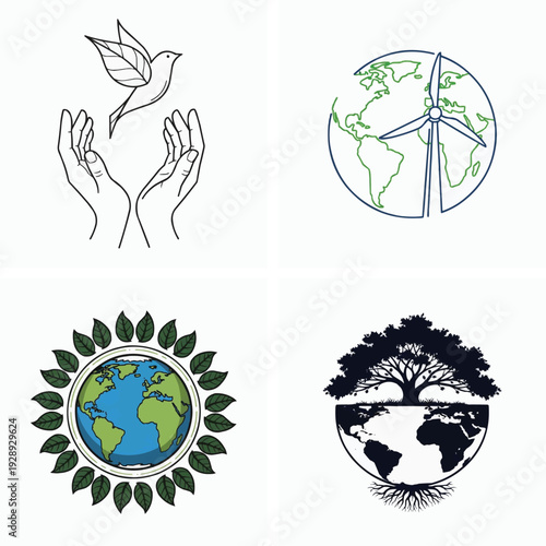 Ecofriendly earth logos and symbols representing environmental conservation and sustainability efforts worldwide naturally