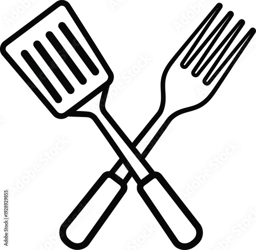 Simple black and white line art icon of a crossed spatula and fork for cooking and kitchen themes. Vector