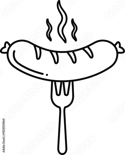 Black and white vector icon of a steaming bratwurst sausage held by a dinner fork. Vector