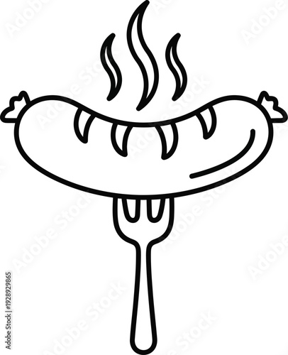 Sausage on a fork line icon representing hot grilled food for menu and restaurant designs Vector