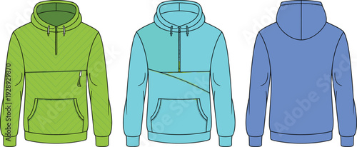 Three colorful hoodies with different patterns and shown from the front and back sweatshirt green