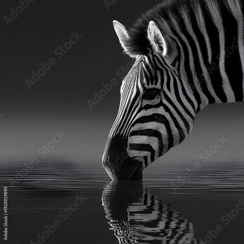 The monochromatic zebra lowers its head to drink from the still water, its reflection visible in the glassy, undisturbed surface of the lake.