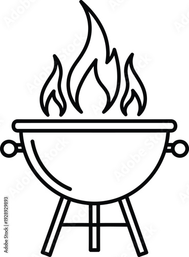 Minimalist line art icon of a charcoal grill with burning flames for barbecue party Vector