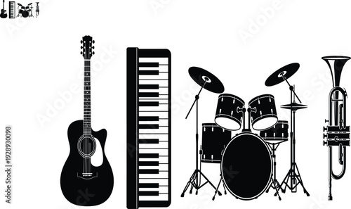 Black Silhouette Musical Instrument Set Featuring Acoustic Guitar Keyboard Piano Full Drum Kit and Trumpet Isolated on White Background for Design