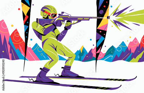 A colorful illustration of a skier in a neon green and purple snowsuit holding a gun while skiing down a mountain
