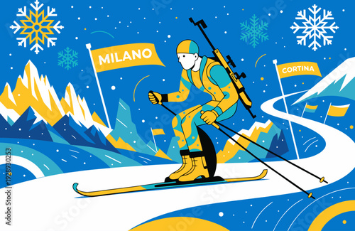 A colorful vector illustration of a skier in a yellow and blue snowy landscape with mountains and snowflakes.