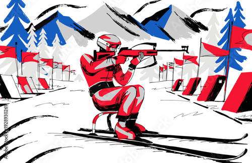 A vector graphic illustration of a skier in a red uniform shooting a rifle on a snowy mountain course with flags and trees.