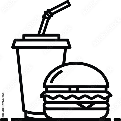 Black and white line art illustration of a fast food combo with a hamburger and a drink Vector