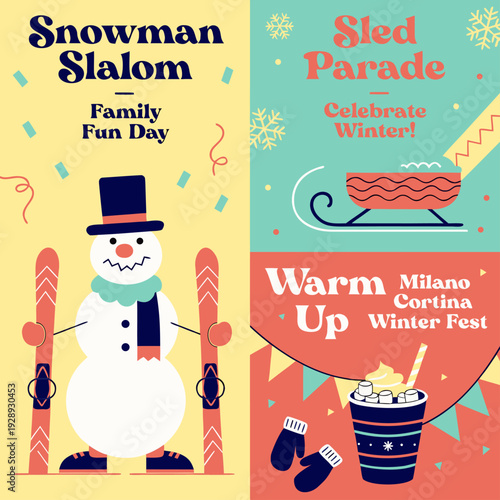 A colorful winter festival poster with a snowman and sled, celebrating family fun and winter activities.