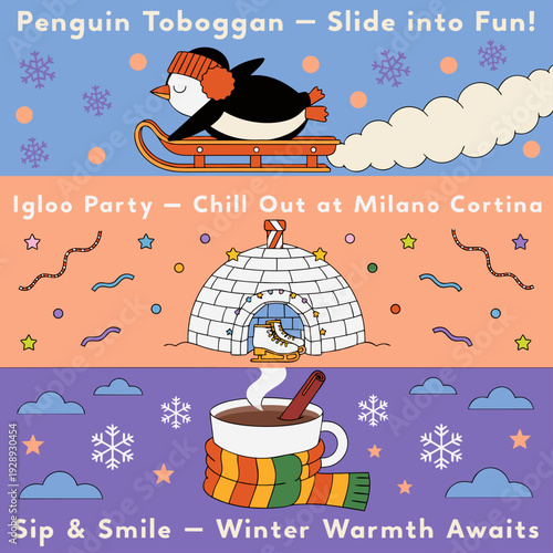 A colorful vector graphic illustration of a penguin on a toboggan, an igloo party, and a warm cup of hot chocolate