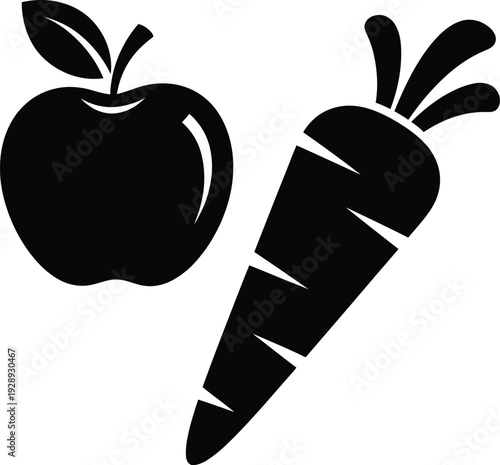 Black silhouette icon of a fresh apple and a carrot representing healthy organic food and nutrition. Vector
