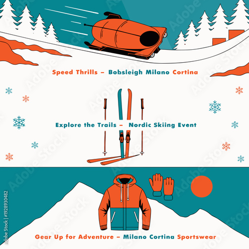 A vibrant vector graphic illustration of winter sports equipment and apparel for skiing and bobsleigh events