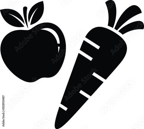 Black silhouette icon of a fresh apple and a carrot representing healthy food and nutrition. Vector