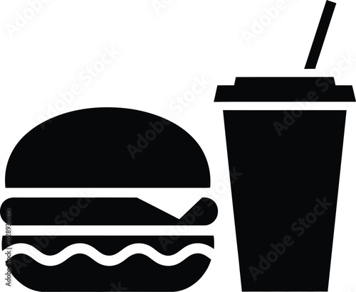 Black silhouette icon of a hamburger and a soda drink with a straw on a white background. Vector