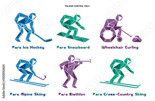 A vector graphic illustration of six winter sports icons for the Milano Cortina Italy games