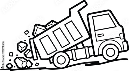A black and white line drawing of a dump truck unloading a pile of large rocks on the ground Vector
