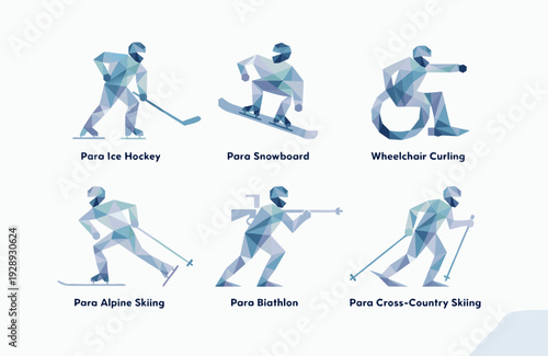 A vector graphic illustration of six para winter sports athletes in action
