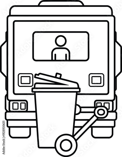 Black and white line art illustration of a garbage truck lifting a trash bin for waste collection. Vector