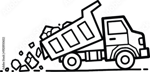 Black and white line drawing of a construction dump truck unloading rocks on a site Vector