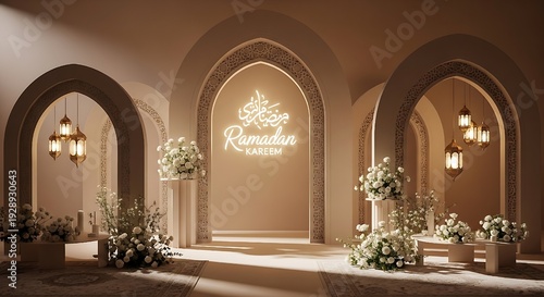 Luxurious Ramadan Kareem display with nude architectural arches and soft cinematic lighting in hyper-realistic 8K detail.