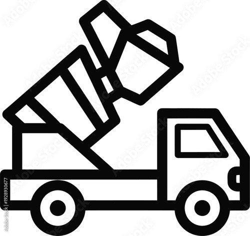 Black and white line icon of a concrete mixer truck for construction and building projects. Vector