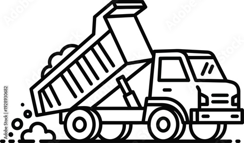 A black and white line art illustration of a dump truck unloading dirt on a construction site. Vector