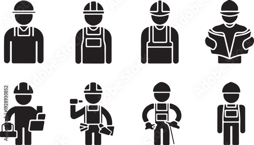 Construction Worker Icons Set, Builder Worker Icon Pack, Construction Laborer Vector Icons, Professional Construction Worker Set, Builder Tools and Worker Icons, Engineering Worker Icon Collection, In