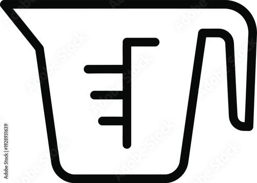 Simple black and white line icon of a kitchen measuring cup with a handle and spout on a white background.
